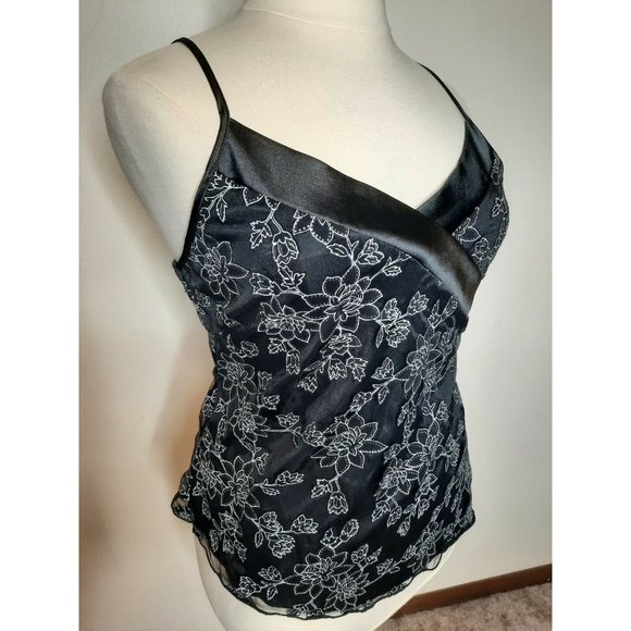 Vtg 90's  Black Satin Chiffon Floral Tank Large - Picture 4 of 11